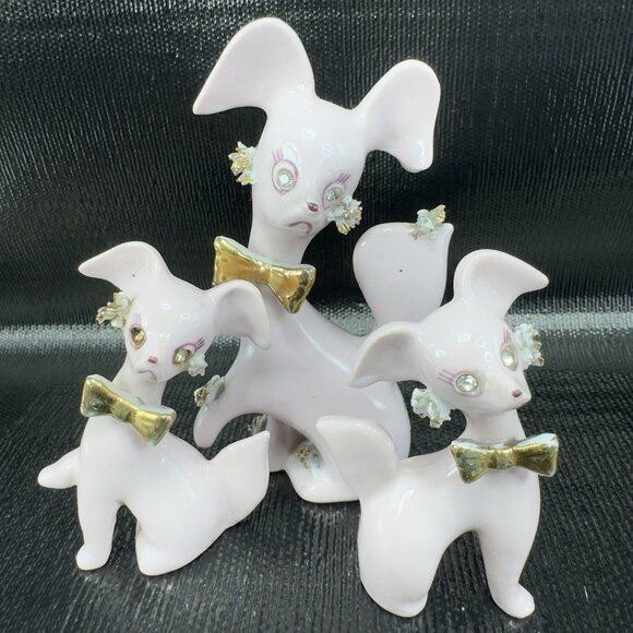 Thames Pink Ceramic Poodle Figurines Gold Bows Rhinestone Eyes Spaghetti Set 3 - Picture 14 of 15